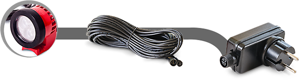 Устройство в сборе, LED лампа 12-24 В, кабель длиной 1.5м. или в наборе с AC/DC трансформатор, 20м. удлин. кабель, проводные клеммы